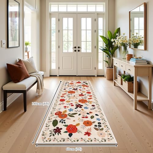 U'Artlines 2'x6' Boho Runner Rug for Hallways Kitchen Colorful Floral Soft Non Slip Washable Floor Carpet Runners for Entryway Laundry Room Bathroom Beige - color: Beige＆floral, size: 2' x 6' (Runner)