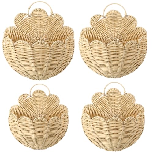 Domensi 4 Pcs Scalloped Wall Baskets Hanging Baskets 4 Different Sizes Large and Small Hand Woven Plastic Rattan Craft Original Storage Holder Scalloped Decor for Nursery Home House Bathroom