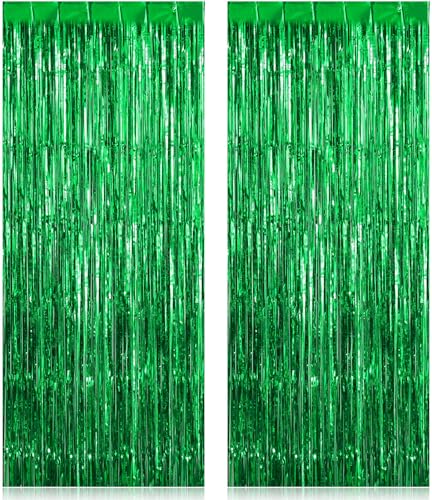 2 Pack Fringe Curtains Backdrops, Foil Fringe Curtains, Door Streamers for Birthday Wedding Bridal Shower Holiday Graduation Party Decorations, Photo Booth Backdrops, Green - color: Green