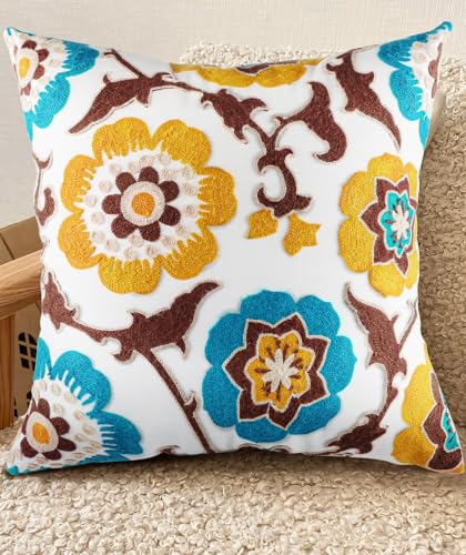 Embroidered Throw Pillow Cover - 18x18 Decorative Pillow Cover with Zipper Aesthetic Cute Design Boho Spring Summer Cozy Throw Pillowcase for Living Room Couch Sofa Bed, Floral - color: Floral, size: 18" x 18" (Pack of 1)