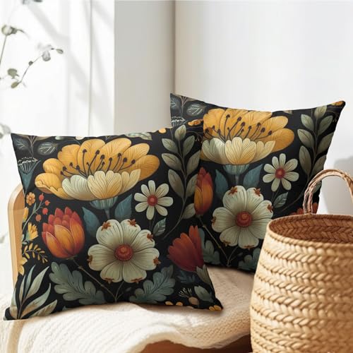 Vintage Boho Floral Pillow Covers 18x18 Inches Yellow Beige Black Throw Pillow Case Set of 2 Spring Flower Pillow Cover Cotton Linen Cushion Cover for Home Couch Sofa Bedroom Livingroom - color: Vintage Boho Floral240413, size: 18" x 18" (Pack of 2)