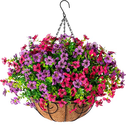 HyeFlora Artificial Faux Hanging Plants Flowers Basket for Spring Summer Outdoor Outside Decoration, Fake Silk Colorful Daisy Eucalyptus in Planter UV Resistant Realistic for Porch Patio Balcony Yard - color: Purple Pink