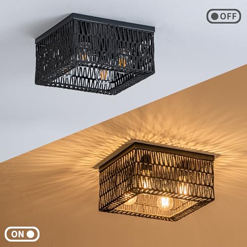 Rpzloila Black Rattan Ceiling Light, 4-Light Boho Light Fixture, Square Flush Mount Ceiling Light for Bedroom, Hallway, Entryway, Kitchen, Living Room - color: Black, size: 4-Light-Square