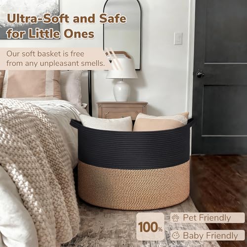 INDRESSME 115L Extra Large Storage Baskets for Organizing, Blanket Basket Living Room Dog Toy Bin, Wicker Storage Woven Laundry Basket for Pillows, Towel Shoes Entryway, Mix Black - color: Black & Mix Camel, size: 23.6"D x 15.7"H