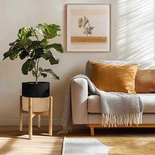 Plant Basket with Stand, Indoor Round Wicker Basket Plant with Bamboo Wood Stand, Decorative Black Woven Cotton Rope Flower Indoor Planter with Legs, Boho Bamboo Wood Planter Holder - color: Black and Jute