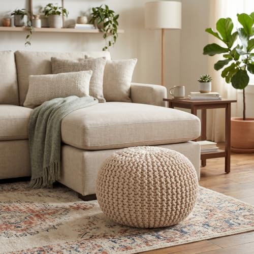 BIRDROCK HOME Round Pouf Ottoman Foot Rest - 18.5”x18.5”x15” Boho Compact Comfortable Soft Cotton Braided Foot Stool with Bean Bag Filling for Living Room, Bedroom, or Nursery (Natural) - color: Natural