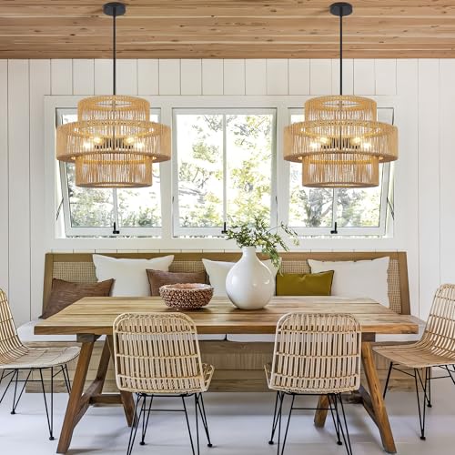 22" Boho Hand Woven Rattan Chandelier Light Fixtures, 5 Light Farmhouse Pendant Light for Kitchen Island, 3 Round Large Wicker Chandeliers for Dining Room, Living Room, Bedroom, Hallway - color: Beige, size: 22 Inch