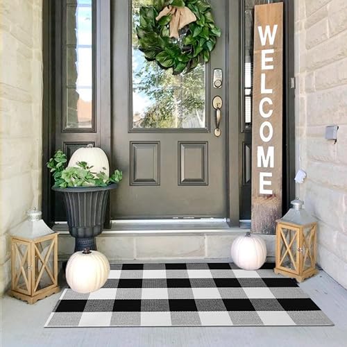 IOHOUZE Buffalo Plaid Checkered Rug 2x3 Ft Front Door Mats, Washable Area Rugs for Front Porch Decor, Spring Summer Welcome Mats Outdoor, Black White Rug for Farmhouse/Entryway/Home Entrance - color: Black and White, size: 2' x 3' (Rectangular)