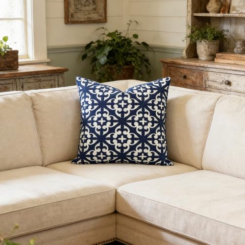 Slow Cow Canvas Embroidery Decorative Throw Pillow Cover Navy Blue Cushion Cover for Living Room 18 x18 Inches - color: Navy White, size: 18" x 18" (Pack of 1)