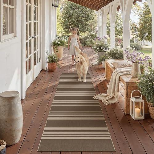 PureCozy Striped Easy Jute 2x6 Kitchen Runner Rug Brown Washable Carpet for Hallway Non Slip Farmhouse Neutral Non Shedding Indoor Outdoor Long Rug Bathroom Bedroom Laundry Entryway - color: Brown/Striped, size: 2' x 6' (Runner)