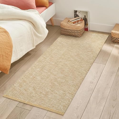 LEEVAN Washable Runner - 2'x5', Tan Hallway Runner, Hand-Woven Reversible Entryway Rug, Cotton Modern Bedroom, Farmhouse Bathroom, Soft Laundry Room, Long Carpet Sink Foyer - color: Tan/Cream, size: 2' x 5' (Rectangular)