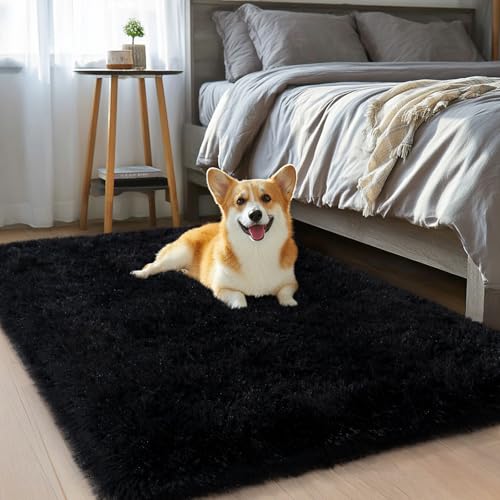 qulint Black Rug for Bedroom, 2x3 Small Area Rugs for Boys Room Soft Shag Fuzzy Rug for Living Room, Plush Shaggy Alfombras for Kids Boys and Girls Dorm Kid Room Home Decor (2ft x 3ft, Black) - color: Black, size: 2' x 3' (Rectangular)