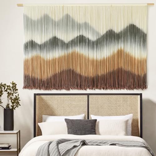 IOWER Macrame Wall Hanging Mountain Wall Art Dip-Dyed Macrame Wall Decor Modern Wall Decor Fiber Wall Art Craftsmanship 57" Wx35 L - color: brown khaki