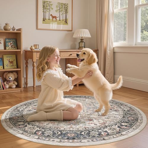 Area Rug for Living Room - 5x5 Large Soft Washable Oriental Vintage Floral Carpet Safe for Babies & Pets - Fade Stain Resistant Non Slip Rugs for Bedroom Dining Room Nursery Dorm Office Home Decor - color: Multi Color, size: 5' x 5' (Round)