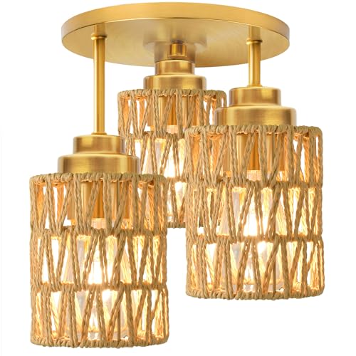 hykolity 3-Light Semi Flush Mount Ceiling Light Fixture, Boho Farmhouse Light Fixtures Ceiling Mount with Hand Woven Rattan Shade, Gold Ceiling Lighting for Kitchen, Bedroom, Entryway, Hallway, ETL - color: Gold-Boho
