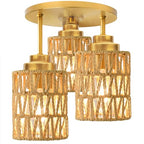 hykolity 3-Light Semi Flush Mount Ceiling Light Fixture, Boho Farmhouse Light Fixtures Ceiling Mount with Hand Woven Rattan Shade, Gold Ceiling Lighting for Kitchen, Bedroom, Entryway, Hallway, ETL - color: Gold-Boho