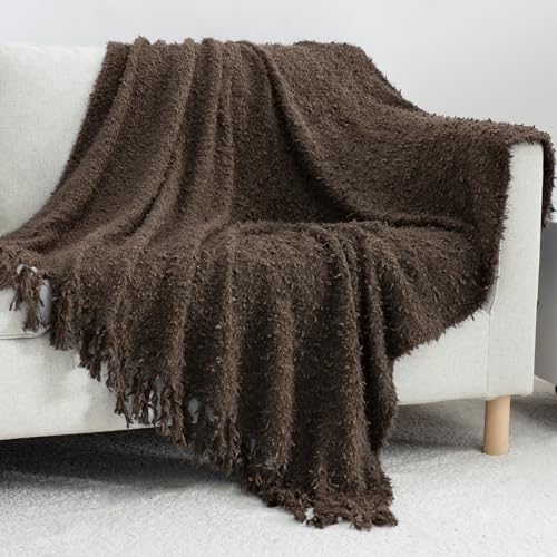 Knit Throw Blanket Fluffy Fuzzy Soft Lightweight Cozy Farmhouse Tassels Chunky Knitted Throws for Couch Sofa Bed (Brown, 50"x60") - color: Brown, size: 50"x60"