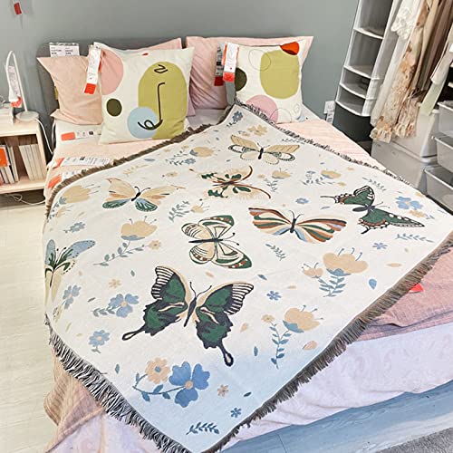 LumiSyne Double-Sided Cotton Woven Throw Blanket with Tassel Jungle Bohemian Style Tapestry Shawl Multi-Function Decorative Throws for Sofa Bed Armchair Camping Blanket Tablecloth Carpet 160x130cm - color: Butterfly Meets Flower