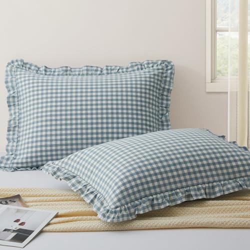 KKJIAF 2 Pcs Plaid Ruffle Pillow Case Standard Size, Cotton Gingham Ruffled Euro Sham Pillow Covers 20x26 Inch, Linen Feel Plaid Bed Pillow Shams with Envelope Closure for Sofa Bed (Dusty Blue Plaid) - color: Dusty Blue Plaid, size: 26" x 20" (Pack of 2)