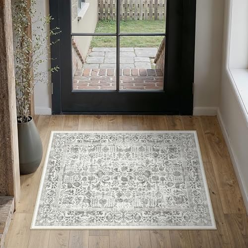 PureCozy Black Entryway Area Rug 2x3 Door Mat Machine Washable Kitchen Vintage Distressed Non Slip Carpet Indoor Retro Floral Accent Throw Small Rug for Bathroom Office Bedroom Dining Room - color: Accent | Black, size: 2' x 3' (Rectangular)