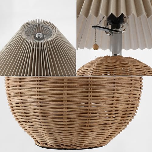 JONATHAN Y 17.25" Natural/Chrome/Dark Beige Sphere Table Lamp, Mid-Century Bedside Nightstand with Beige Pleated Linen Shade, Scandinavian Coastal Style, LED Bulb Included (JYL1145C) - color: Natural