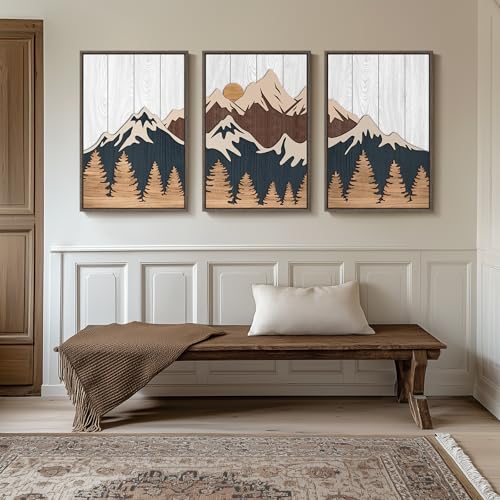 Framed Textured Wood Mountain Wall Art for Living Room, Large 3 Piece 3D Wood Farmhouse Artwork for Walls, Boho Landscape Mountain Forest Sun Wall Art Decor for Bedroom Office Hallway, 24x36 Inch - color: Neutral Blue White, size: 24" W x 36" H x 3Pcs