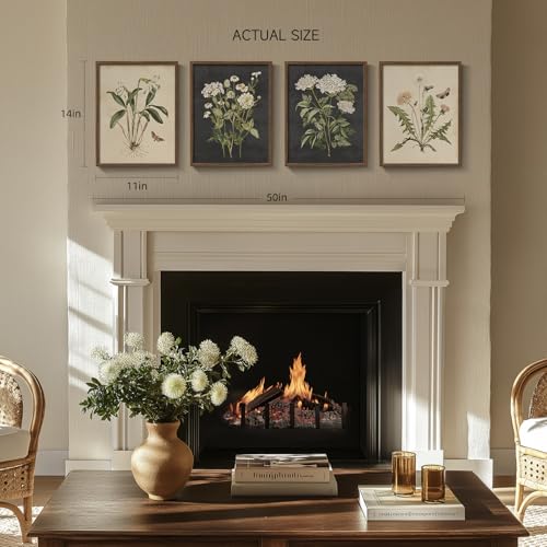 Framed Vintage Botanical Wall Art Bedroom, 4 Piece Rustic Farmhouse Floral Canvas Prints Artwork, Neutral Flower Butterfly Pictures for Modern Farmhouse Living Room Kitchen Bathroom Wall Decor, 11x14 - color: Vintage - Walnut Framed, size: 11" W x 14" H x