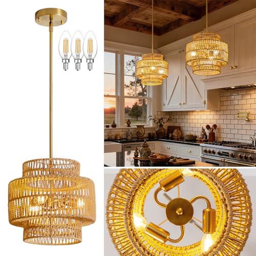 MODIVO 3-Light E12 Boho Rattan Chandelier, 12.6 Inch Hand Woven Farmhouse Pendant Light for Kitchen Island, Dining Room, Bedroom, Rustic Hanging Lamp, Living Room, Entryway, Foyer