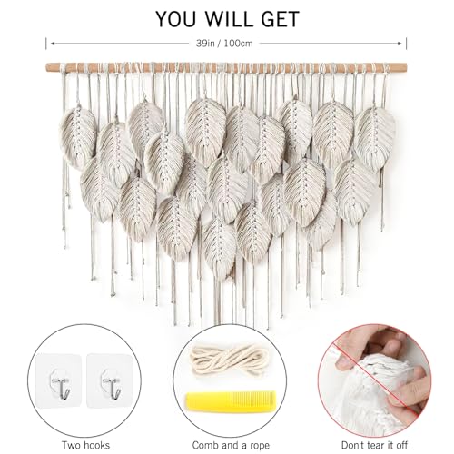 LOMOHOO Macrame Wall Hanging Boho Beige Leaves Tapestry Bohemian Handmade Woven Wall Art Decoration for Bedroom Living Room Apartment Dorm Gallery Perfect Handmade Gift Ideas - color: Beige-39" W x 28.3" L