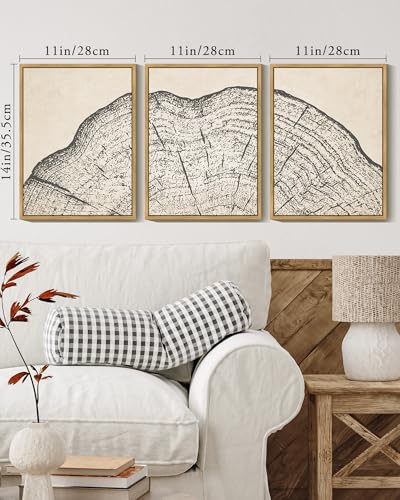 PHOPAGO Farmhouse Vintage Framed Wall Art Set Gray Wood Tree Ring Spirals Nature Abstract Drawings Rustic Modern Art Decor for Living Room Bedroom - 11x14in Natural Framed - color: Vintage Tree Ring, size: 11" x 14" x 3 Pcs Natural