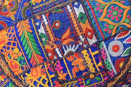 Indian Pouf Footstool Ethnic Embroidered Pouf Cover, India Cotton Round Pouffe Ottoman Pouf Cover Pillow Ethnic Decor Art-Cover Only-Indian Ottoman poufs - color: Blue Rajkoti, size: 18"D x 18"W x 14"H
