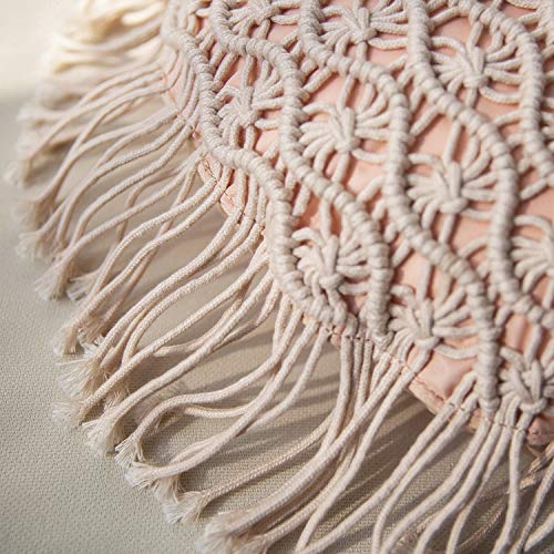 Phantoscope 100% Cotton Handmade Crochet Woven Boho Throw Pillow with Tassel Cute Farmhouse Pillow Insert Included Lumbar Small Decorative Cushion for Couch Sofa, Pink,16 inches Round - color: Pale Pink
