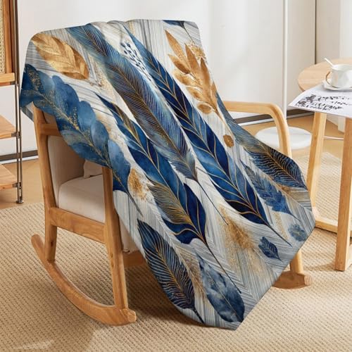 Blanket Luxury Feather Leaf Plant Blue Throw Blanket for Women Men, 30"x40" Golden Foliage Plush Flannel Throws, Decor for Bed Couch Bedroom - color: Luxury Feather Leaf Plant Blue, size: 30"x40"