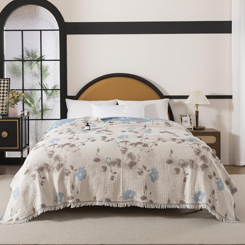 Lemfux 4-Layer 100% Cotton Muslin Cooling Blanket, Boho Floral Gauze Throw with Fringe, Ultra Soft Breathable Lightweight Bedspread Coverlet for Bed Sofa Couch - color: Dusty Blue Floral, size: 60"x80"