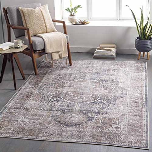 Hauteloom Pegasus Oriental Medallion Living Room Bedroom Area Rug - 0.04" Pile Height - Machine Washable - Vintage Distressed - Traditional Faded - Brown, Navy Blue, Beige - 6'7" x 9' - color: Brown, Charcoal, Light Gray / Mignon, size: 6'7" x 9' (Rectang