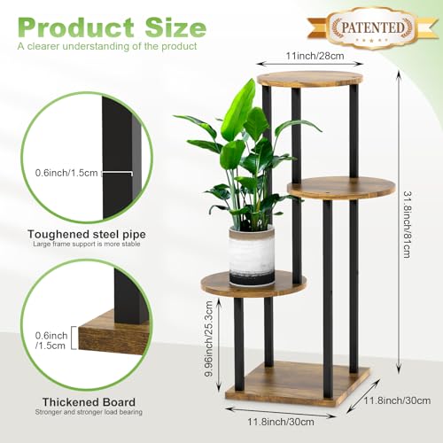 4 Tier Wood Tall Plant Stand Metal Rack Indoor, Multiple Flower Pot Holder Shelves Corner Rack, Round Planter Shelf Display Rack Storage Organizer for Patio Living Room Balcony(Black+Brown) - color: Black+Brown, size: 4 Tier