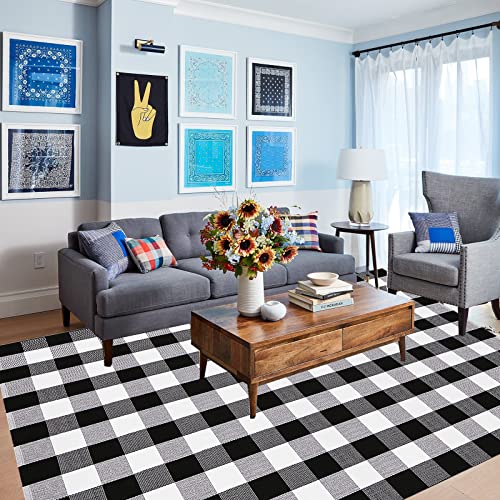 Bottalive Buffalo Plaid Outdoor Rugs, 5'x7' Black and White Checkered Area Rug, Washable Cotton Woven Indoor/Outdoor Rug for Farmhouse/Patio/Front Porch/Living Room/Laundry Room/Bedroom Décor - color: Black and White Plaid, size: 5' x 7' (Rectangular)