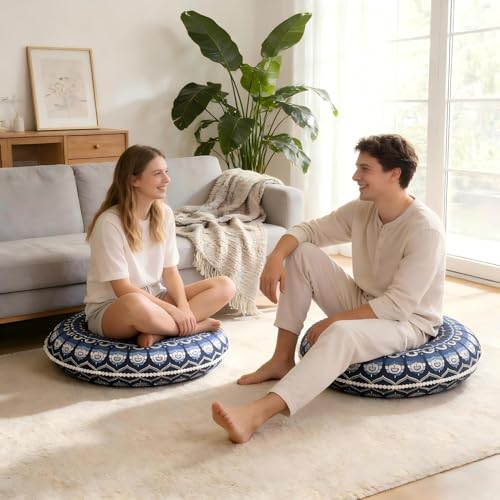 LOVMOC 32 Inch Round Floor Pillow for Adults, Large Thick Memory Foam Boho Mandala Meditation Floor Seating Cushion, Machine Washable for Living Room Outdoor Yoga Floor Sitting, Navy Blue - color: Navy Blue, size: 1 Count (Pack of 1)