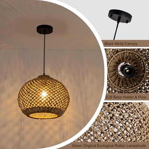Farmhouse Rattan Pendant Lights 13.8" Wicker Hand-Woven Wicker Chandelier 1-Light Coastal Seagrass Hanging Light Fixture for Kitchen Island Bedroom Dining Room Hallway Entry Bar Restaurant - color: Coffee-A