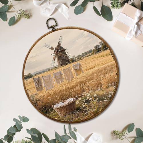 JUIOEIU Vintage Fall Rustic Farmhouse Round Wall Decor, Country Laundry Day Framed Canvas Prints, Retro Cottagecore Landscape Wall Art Hanging Decorations for Washroom Laundry Room Decor, 10x10in - color: Laundry room07