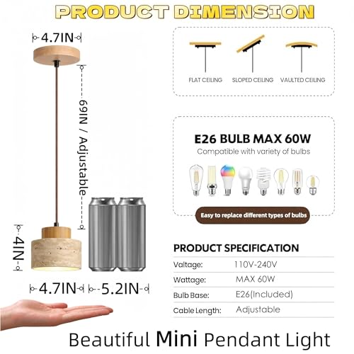 Wabi Sabi Natural Stone and Wood Pendant Light,4.7Inch Mini Hanging Pendant Lamp,Modern Vintage Rustic Minimalist Fixture for Bedroom, Dining Room, Kitchen Island, Cafe(Wood Color, PCS, 1) - style: Wood Color 4.7IN