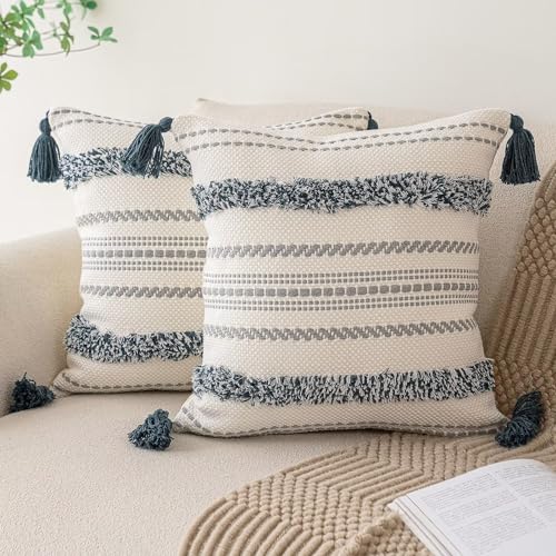 Boho Throw Pillow Covers 18x18 Set of 2 Woven Tufted Farmhouse Pillows Cover with Tassels Textured Striped Cushion Case Neutral Pillow Cases Decorative Pillowcase for Sofa, Couch, Bed, Dark Blue - color: Dark Blue, size: 18" x 18" (Pack of 2)