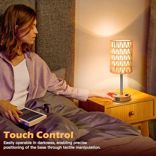 Rattan Table Lamps for Living Room, 3 Way Dimmable Touch Lamps, Small Bedside Lamps with LED Bulbs, Phone Stand, USB Ports and AC Outlet, Boho Nightstand Lamp for Bedroom Office (2 Pack Faux Wood) - size: 2 Pack Faux Wood