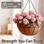 Halatool 2 Pack 14 Inch Hanging Baskets with Coco Liners, Rustproof Metal Flower Planters with Chain Hooks, No Tool Needed Heavy Duty Hanging Pots for Outdoor Patio Balcony Decor