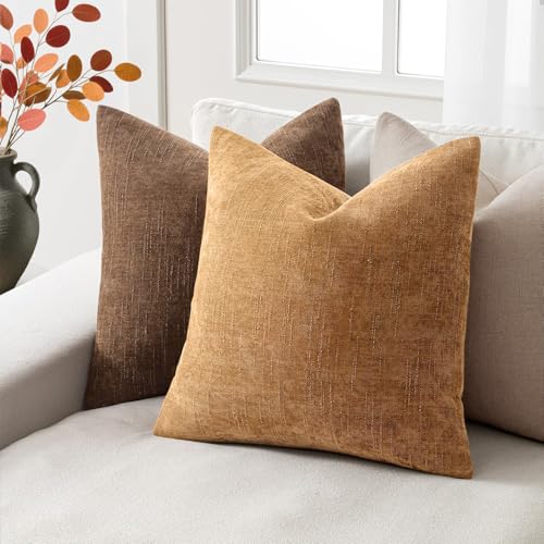 18x18 Inch Set of 2 Textured Throw Pillow Covers Decorative Soft Accent Square Chenille Pillowcases Neutral Farmhouse Cushions Modern Home Decor for Couch Sofa Bedroom Living Room,Golden Brown - color: Golden Brown, size: 18" x 18" (Pack of 2)