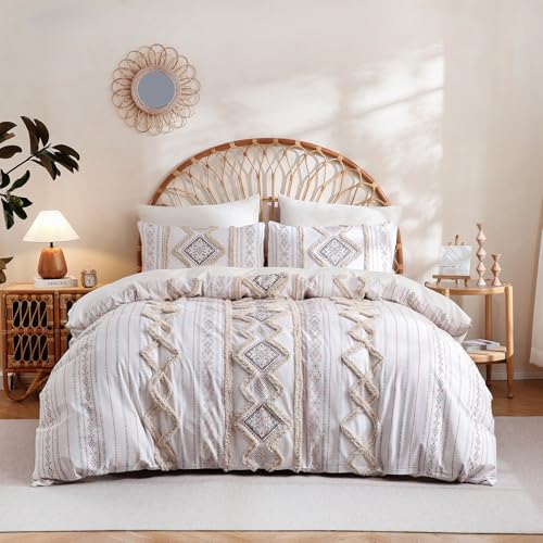 Herside Beige 100% Cotton Boho Duvet Cover Set Queen Size, 3-Piece Tufted Textured Modern Boho Moroccan Bedding, Aztec Geometric Farmhouse Comforter Cover with 8 Corner Ties & Double Zipper - color: Beige, size: Queen(No Comforter)