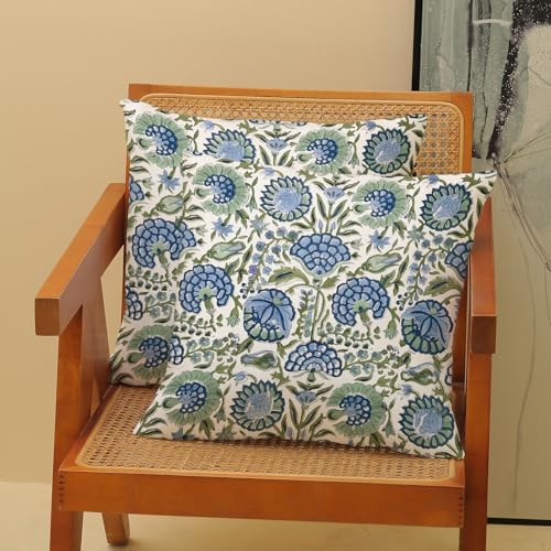 Boho Throw Pillow Covers 18x18 Inch 2 Pcs Navy Blue Sage Green Vintage Floral Decor Pillow Covers Flower Outdoor Seasonal Decorative Pillowcase Linen Cushion Cover for Couch Sofa - color: Blue Green Flower, size: 18" x 18" (Pack of 2)