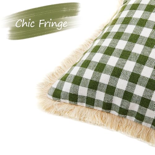 CARRIE HOME Spring Sage Green 12x20 Outdoor Gingham Lumbar Pillow Covers Set of 2 with Ruffle Fringe, 12 x 20 Green and White Checkered Plaid Pillow Covers, Spring Outdoor Green Lumbar Pillow Covers - color: Lumbar Sage Green & White (With Tassels), size: