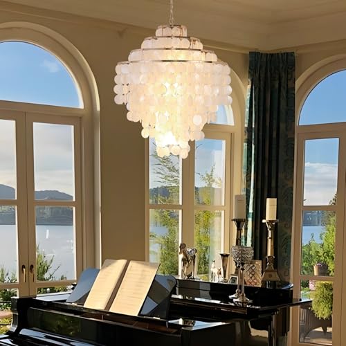 Coastal Capiz Shell Chandelier 24 inch Gold Natural Seashell Farmhouse Boho Chandelier 4-Light Pendant Light Fixture for Living Room Foyer Kitchen Island Entryway Dining Room Bedroom,LED Bulb Included - size: 24 inch
