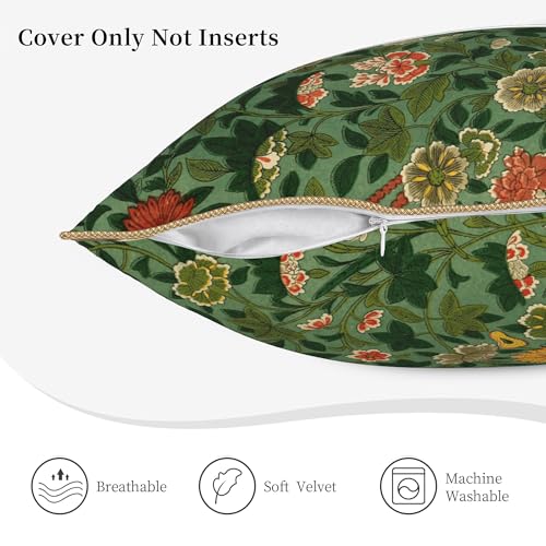 Farmhouse Vintage Floral Green Velvet Throw Pillow Cover 18"x18" Rustic Decorative Pillowcase Soft Square Botanical Print Cushion Covers for Bed Sofa Living Room Car Home Deco - color: Vintage Floral Green Flower, size: 18" x 18" (Pack of 1)